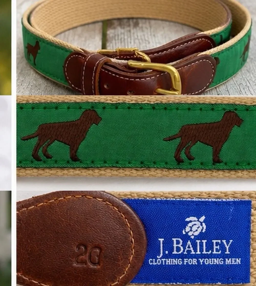 J. Bailey Boys Size 20 Green Hunting Dog Ribbon Leather Belt Preppy Sporting